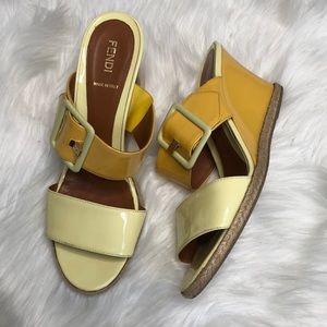 Fendi Yellow Patent Leather Slide Wedges